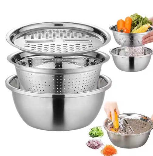 Multifunctional Stainless Steel Basin Set Mixing Bowl Set Grater Bowl 3 In 1