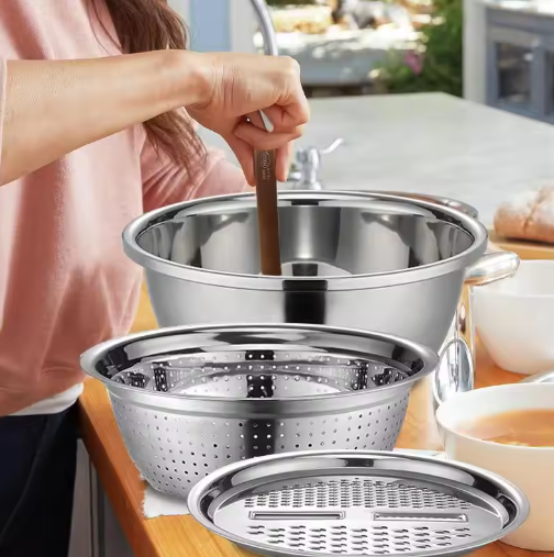 Multifunctional Stainless Steel Basin Set Mixing Bowl Set Grater Bowl 3 In 1